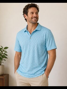 Peter Millar Men's Summer Comfort Light Blue Printed Golf Polo Shirt Size Large